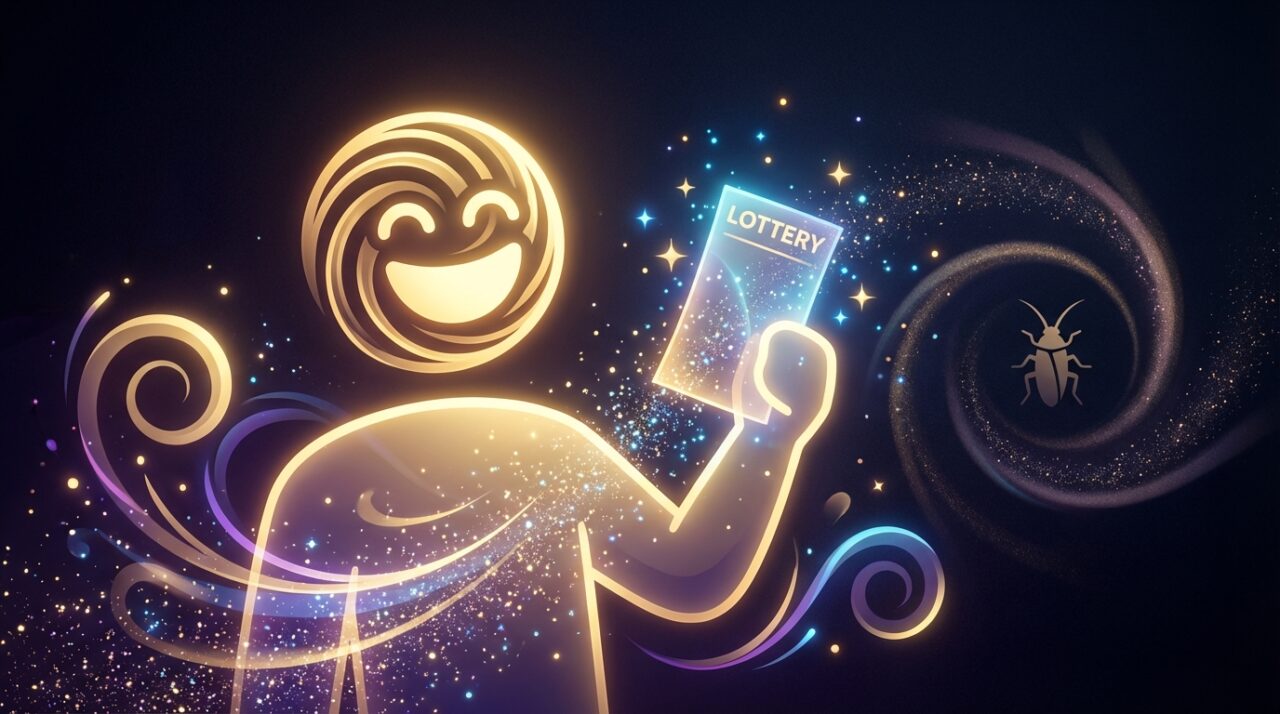 宝くじの券を手に持ち笑顔の人物イラスト