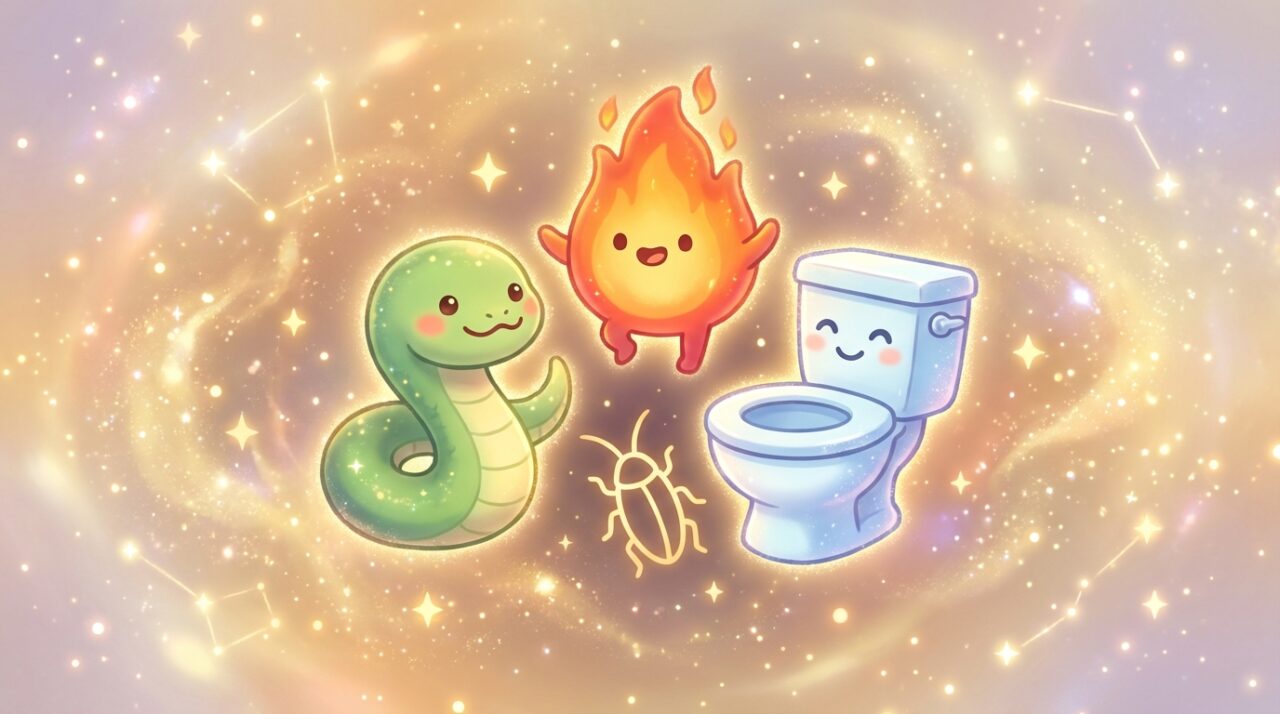蛇・火・トイレなどのモチーフを可愛くデフォルメして並べたイラスト