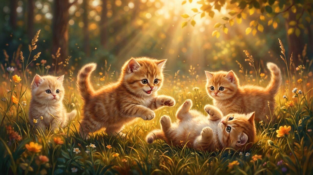 暖かい日差しの中で遊ぶ子猫たち