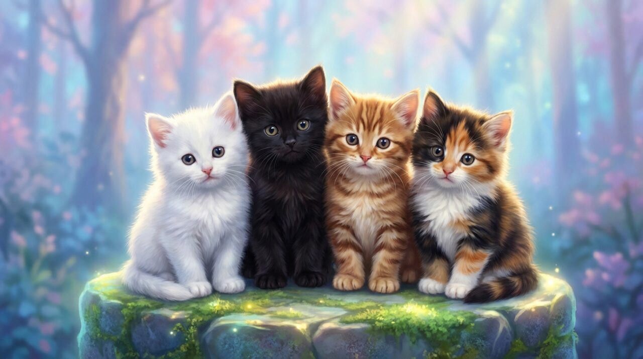 4匹の色が異なる子猫が仲良く並んでいるイメージ