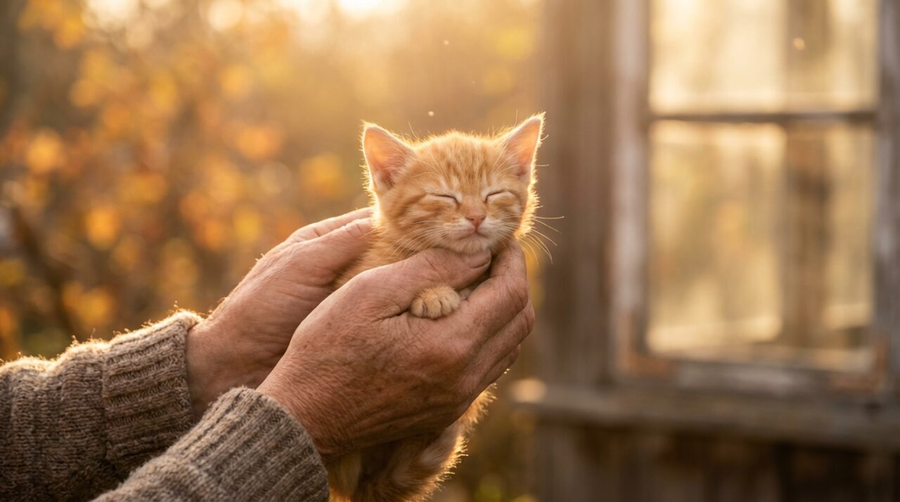 暖かな光の中、優しく子猫を包む両手の写真
