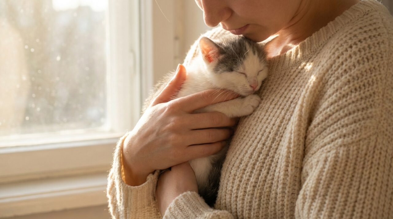 優しく子猫を抱きしめる瞬間