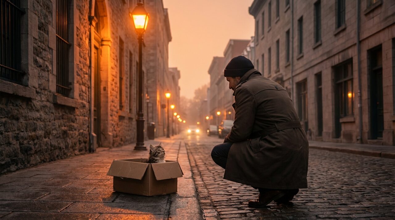 夕暮れの街角での猫との運命的な出会いのイメージ