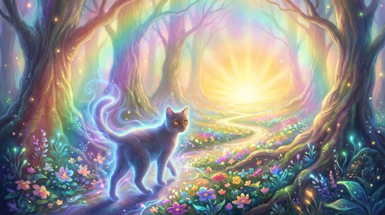 希望に満ちた未来への道を照らす猫のイメージ