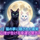 月夜に佇む黒猫と白猫の神秘的なイラスト
