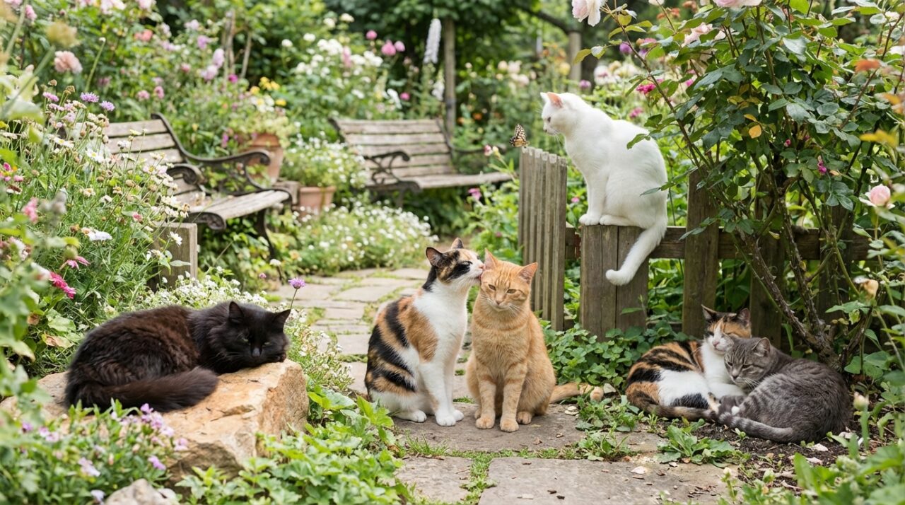 夢占い 複数の猫 - 人間関係の多様性と調和を示す猫たちのイメージ