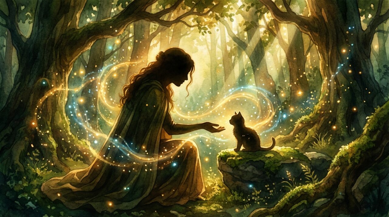 深い森の中、木漏れ日が差し込む場所で、小さな子猫に優しく手を差し伸べる女性のシルエット。