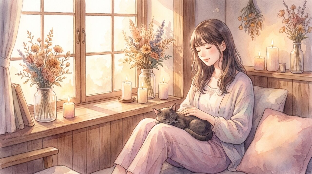 暖かく柔らかな夕暮れの光の中、窓辺で穏やかに目を閉じる女性。その膝の上で、気持ちよさそうに眠る猫。