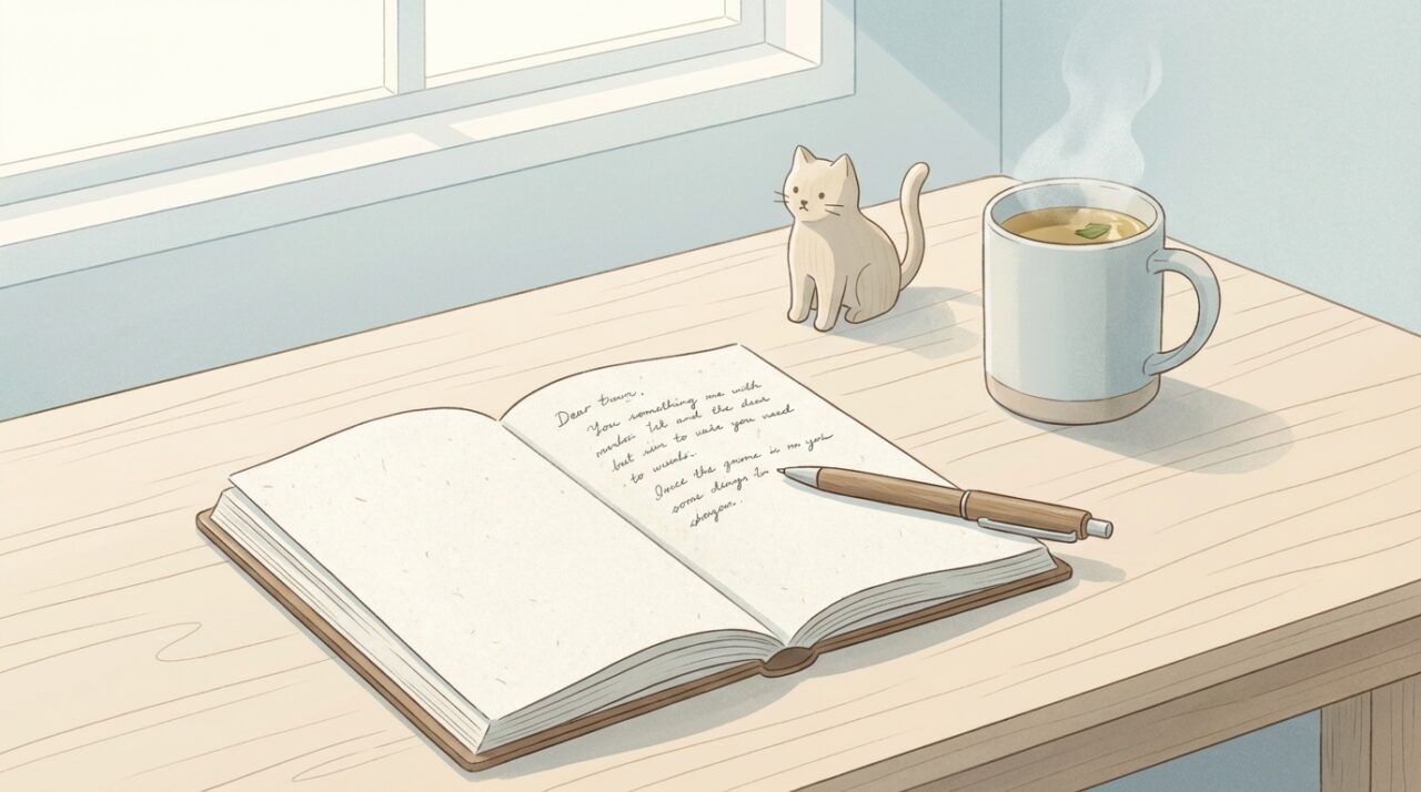 朝の光が差し込むデスクの上に、開かれたノートとペン、温かいハーブティー、小さな猫の置物が並んでいる。ノートには手書きの文字が見える。