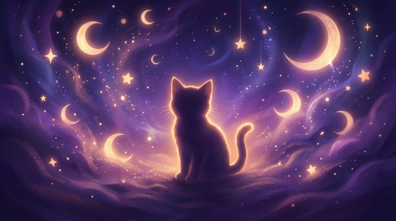 子猫のシルエットと星・月が浮かぶ神秘的な紫とブルーの幻想的なイメージ。夢占いの7つのスピリチュアルメッセージを象徴