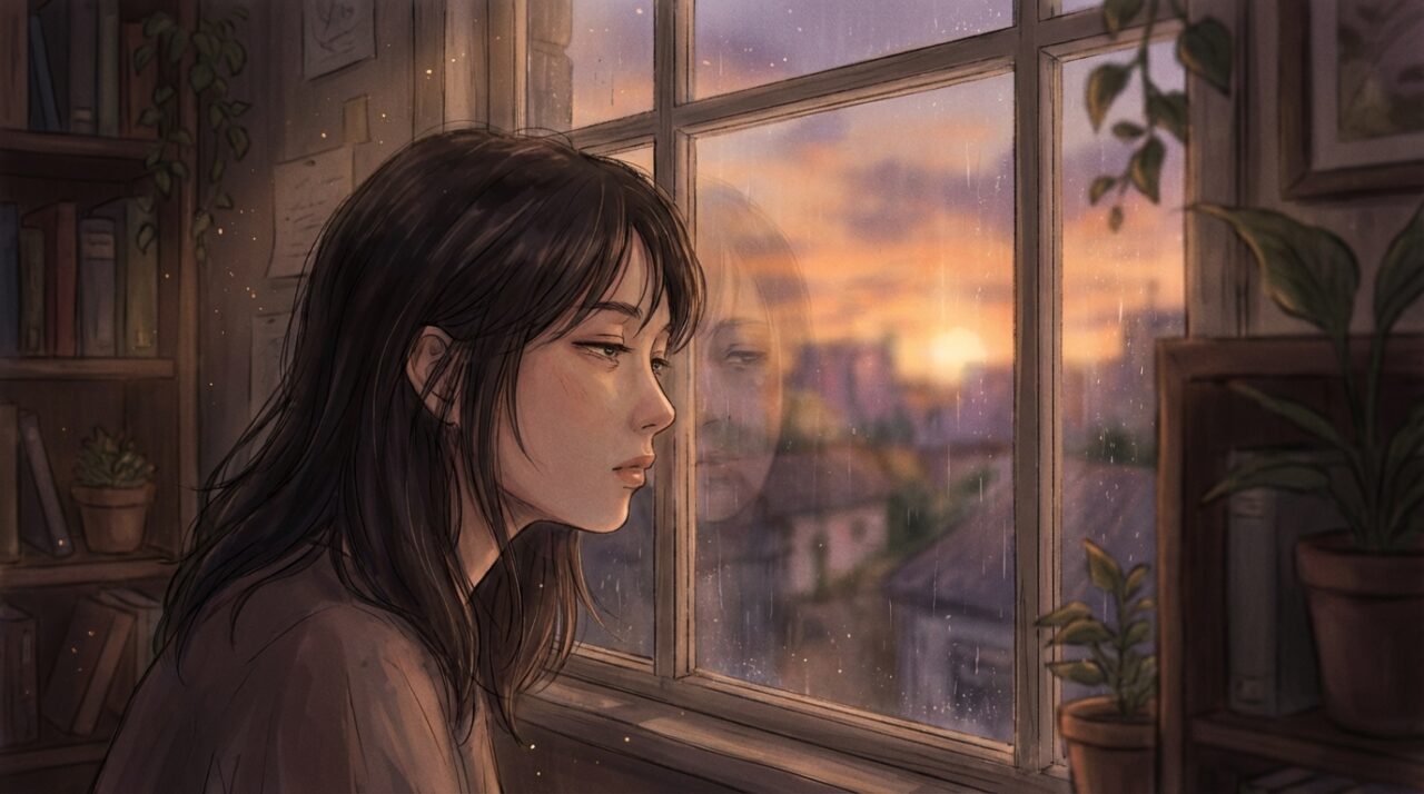 窓辺で物憂げに外を見つめる女性の横顔。自己犠牲への警告を象徴する、静かで切ない雰囲気の画像
