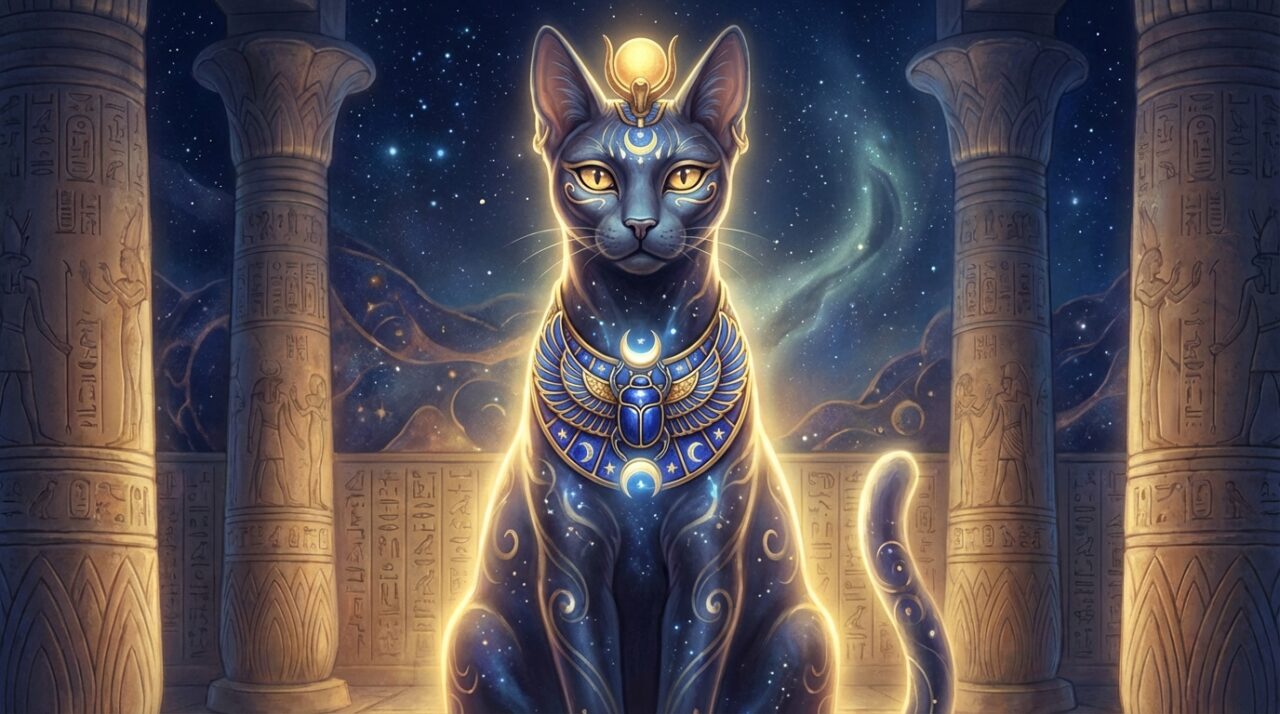 古代エジプト風の装飾を施された神秘的な猫のイラスト。金色の装飾と月・星のモチーフが霊的なパワーを象徴