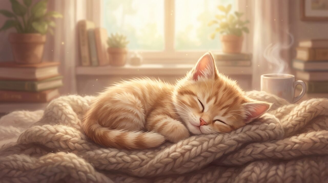 柔らかいブランケットの上で安心して眠る子猫。夢のメッセージを受け取り、心が癒された状態を表す穏やかな画像